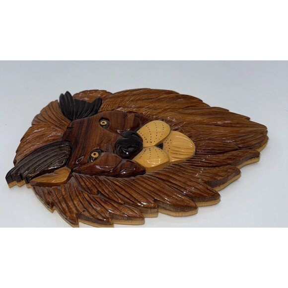 Intarsia Wood Handcrafted Lion Wall Art Hanging Plaque King Of The Jungle 9” - Picture 4 of 13